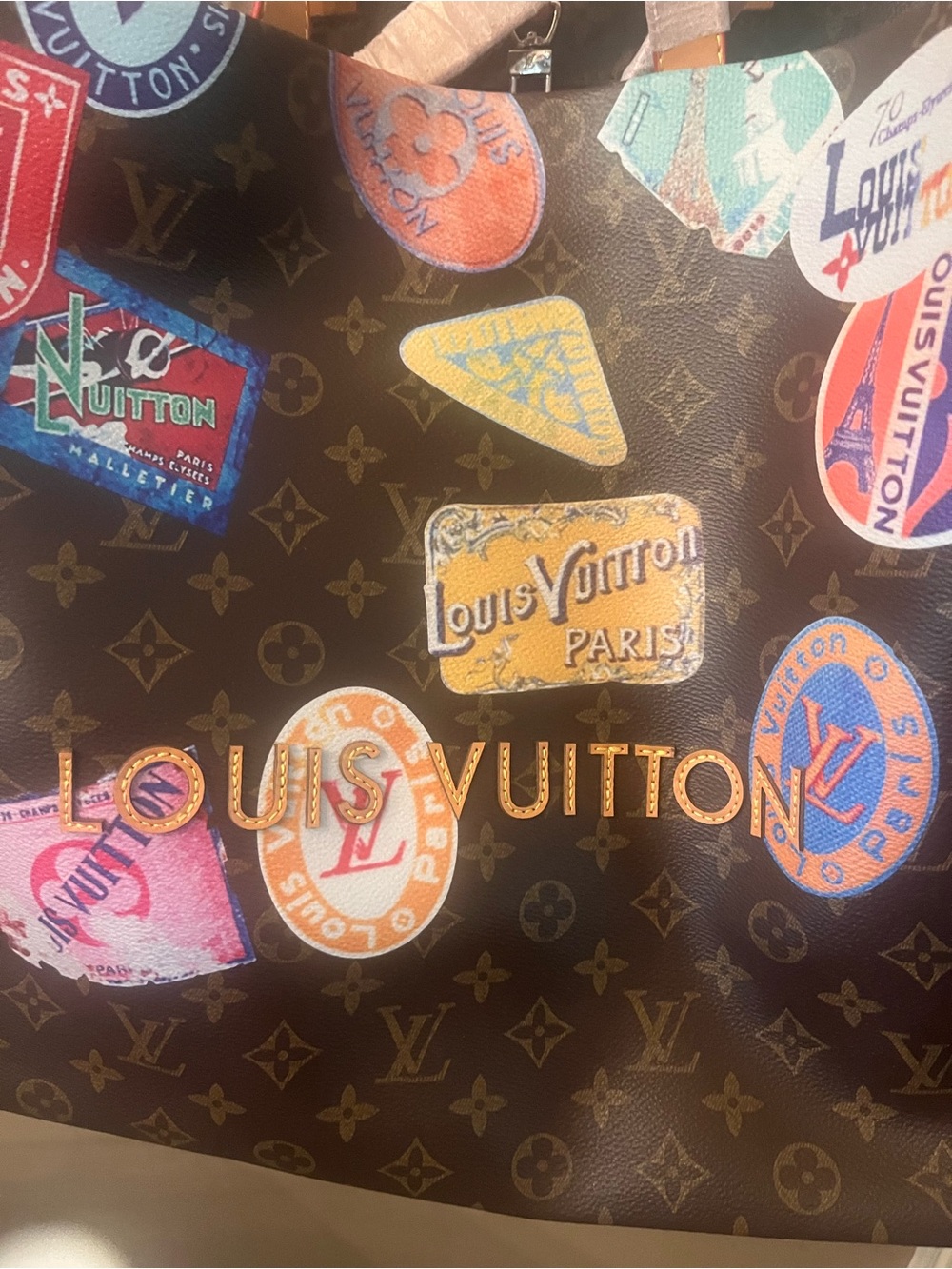 Louis Vuitton style Brown Monogram Sticker-Print Tote - Picture 3 of 11